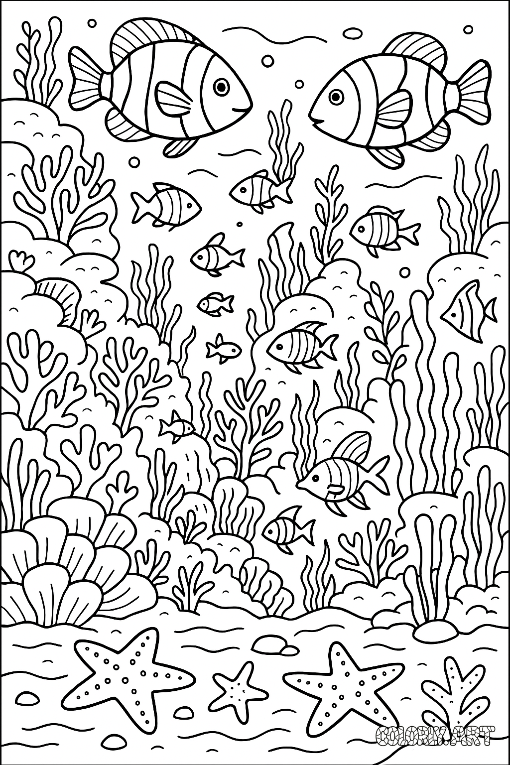 coloring book image of a busy coral reef with lots of reef fish and angel and star fish composeColoring Book Page Coloring Scene Image Colorly.art 